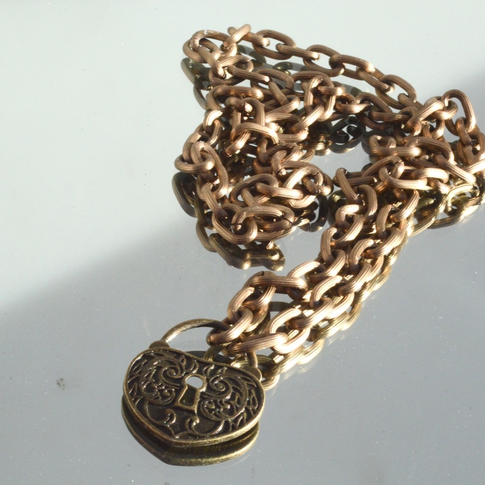 Heart Lock Pendant Necklace Brass Chain Long Cable - Picture 5 of 5